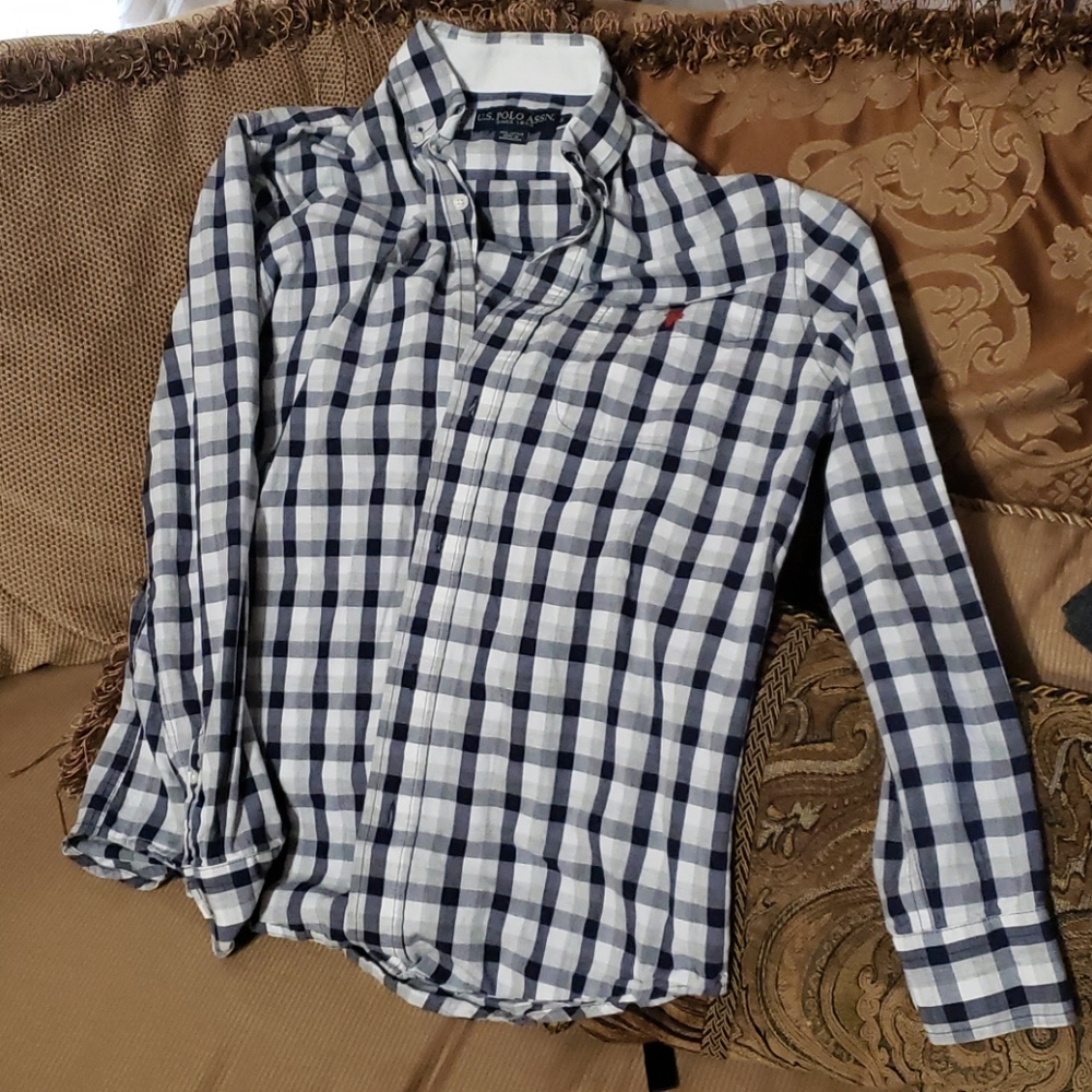 Navy and white plaid polo shirt